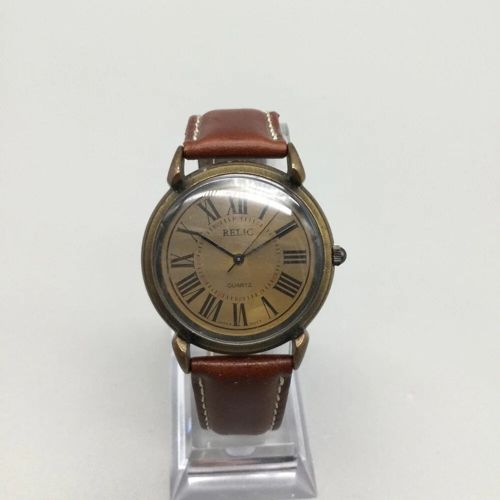 Relic Unisex Watch 34mm Bronze Dial Brown Leather Roman Numeral New Battery